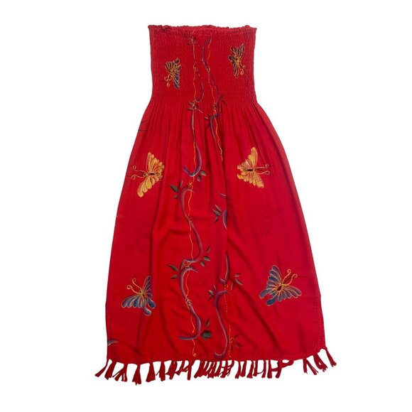 Red Strapless Smocked Maxi Dress W/ Butterfly Embroidery & Tassel Hem OS - Picture 1 of 7